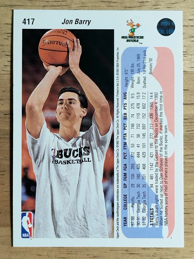 1992-93 Upper Deck #417 Jon Barry RC