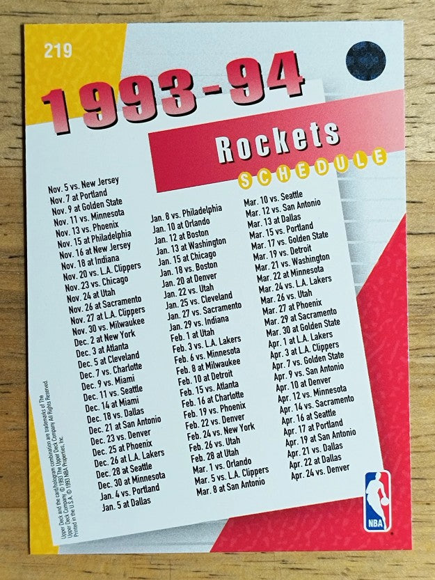 1993-94 Upper Deck #219 Houston Rockets Sked/Hakeem Olajuwon (NM)