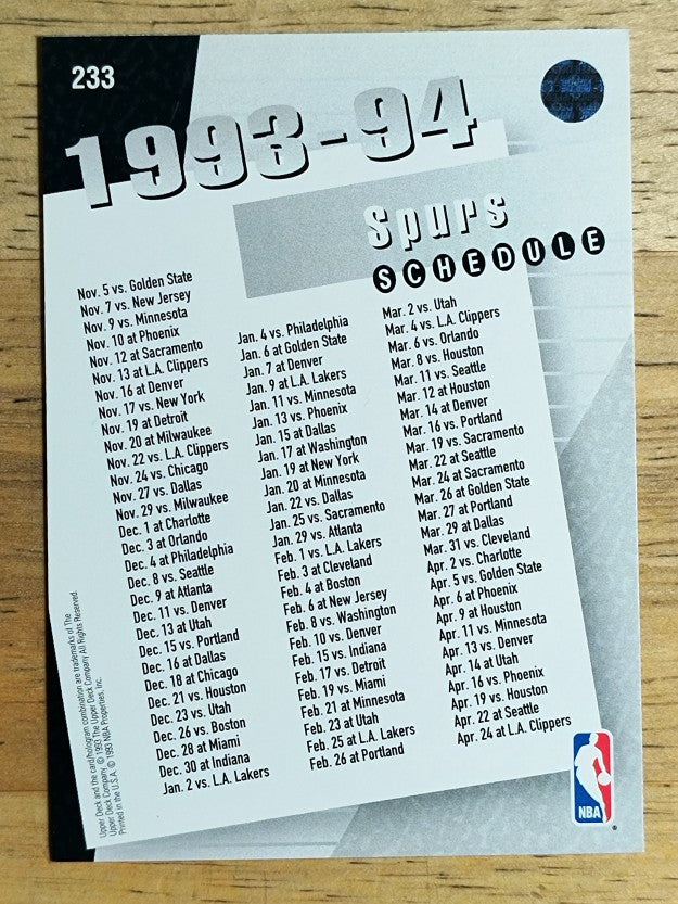1993-94 Upper Deck #233 Spurs/David Robinson/Avery Johnson/Sean Elliott (NM)
