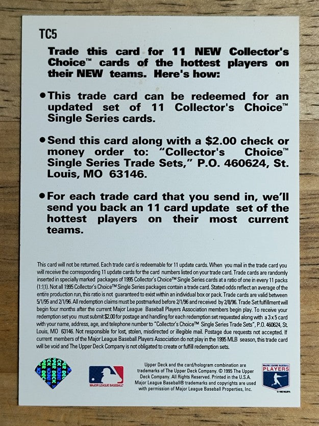 1995 Collector's Choice Trade Cards #TC5 Fernando Valenzuela