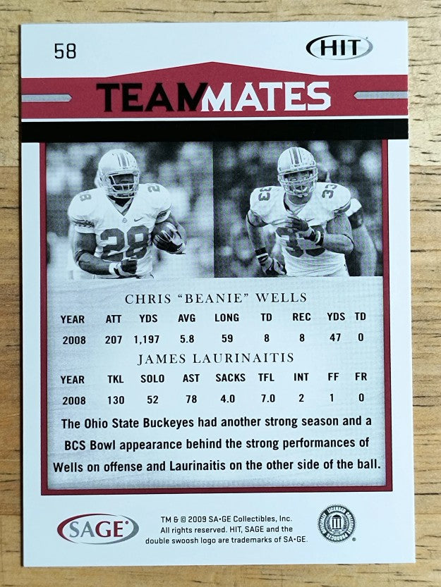 2009 SAGE HIT #58 Chris Wells TM/James Laurinaitis