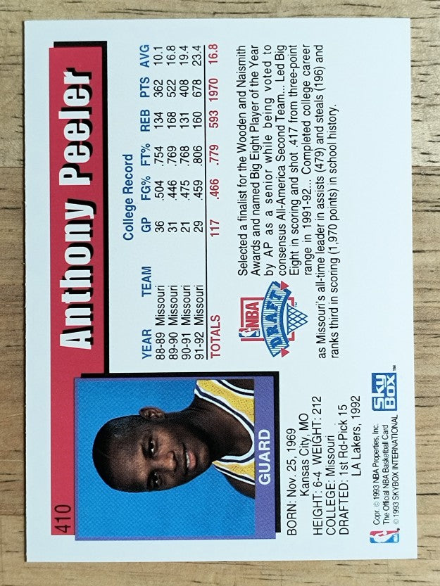 1992-93 Hoops #410 Anthony Peeler RC