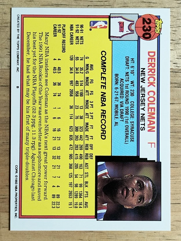 1992-93 Topps #230 Derrick Coleman