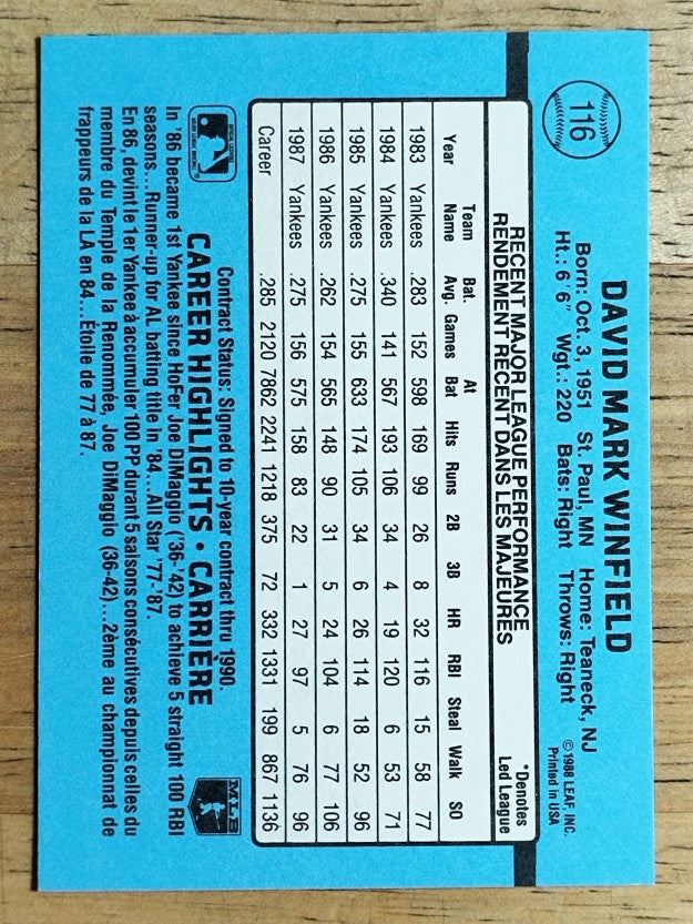 1988 Leaf/Donruss #116 Dave Winfield