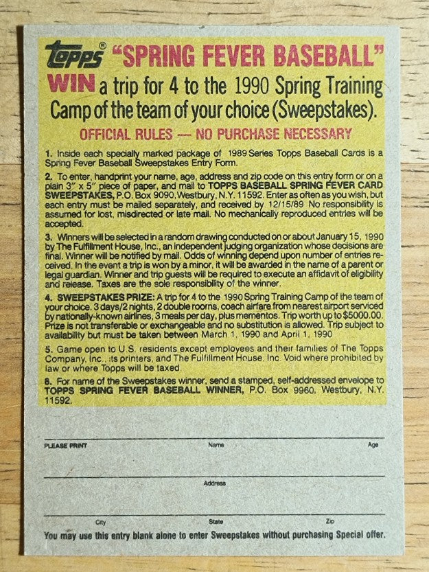 1989 Topps Company Store #NNO Glossy All-Stars Offer/Gray Back