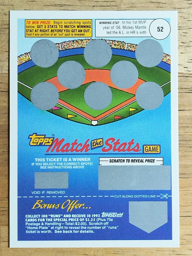 1992 Topps Gold Winner Scratch Cards #NNO Mickey Mantle