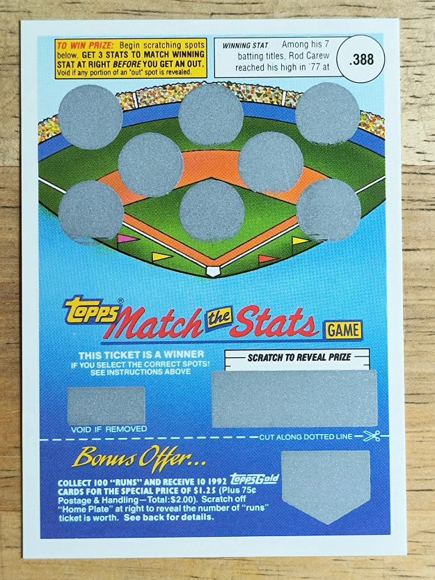 1992 Topps Gold Winner Scratch Cards #NNO Rod Carew