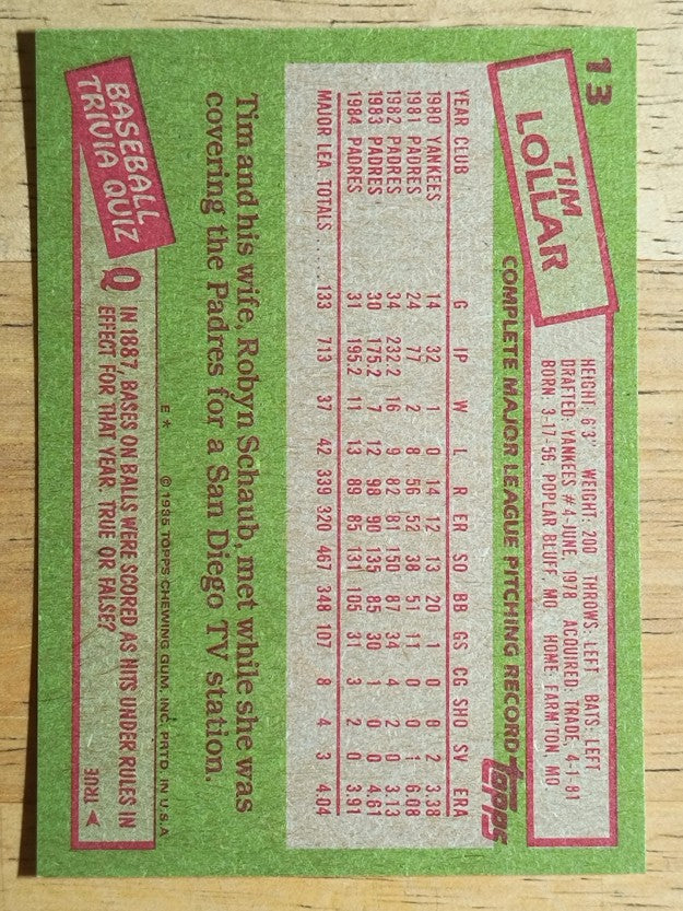 1985 Topps #13 Tim Lollar