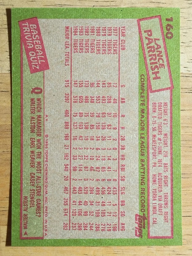 1985 Topps #160 Lance Parrish