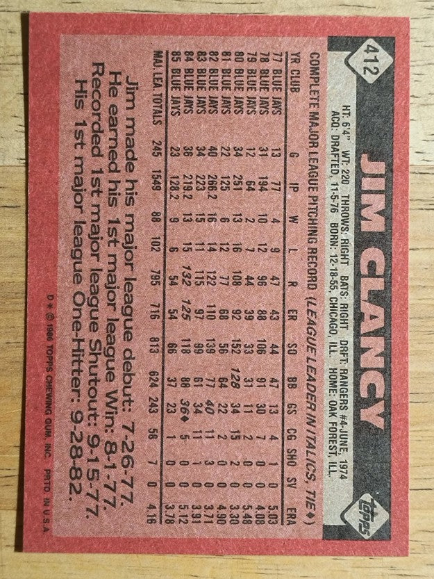 1986 Topps #412 Jim Clancy
