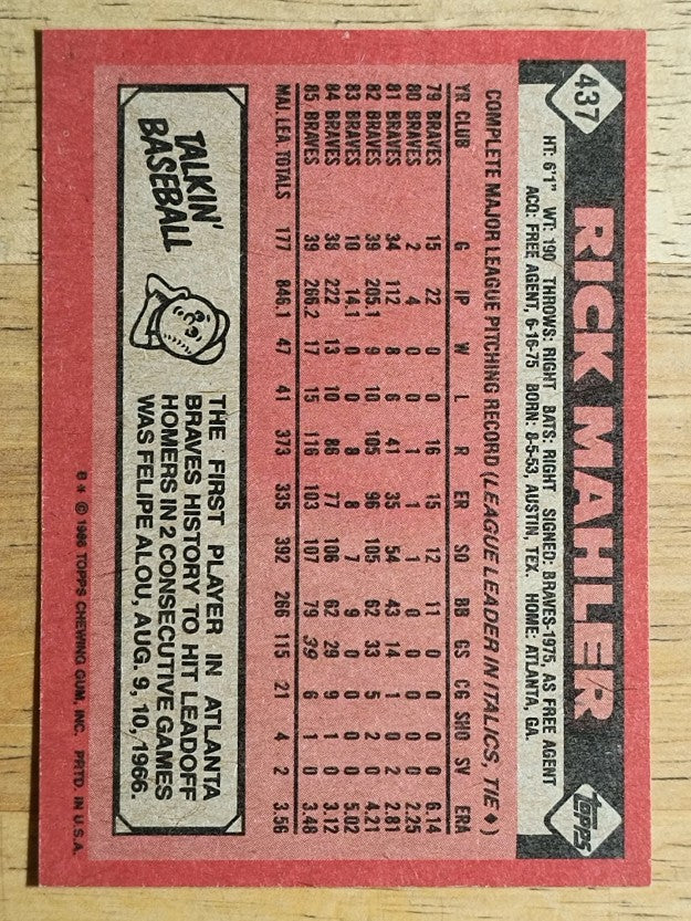 1986 Topps #437 Rick Mahler