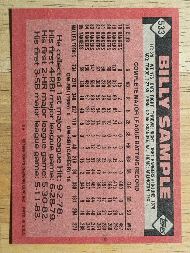 1986 Topps #533 Billy Sample