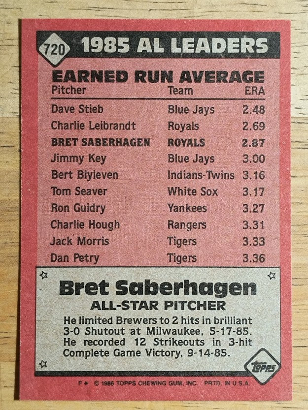 1986 Topps #720 Bret Saberhagen AS