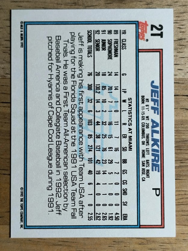 1992 Topps Traded #2T Jeff Alkire USA RC