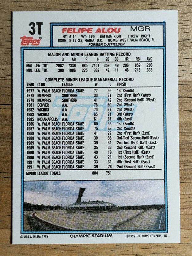 1992 Topps Traded #3T Felipe Alou MG