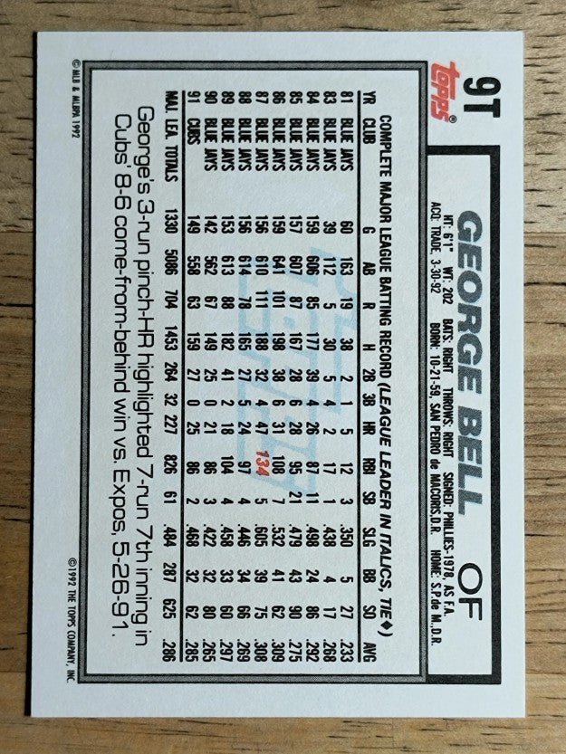 1992 Topps Traded #9T George Bell