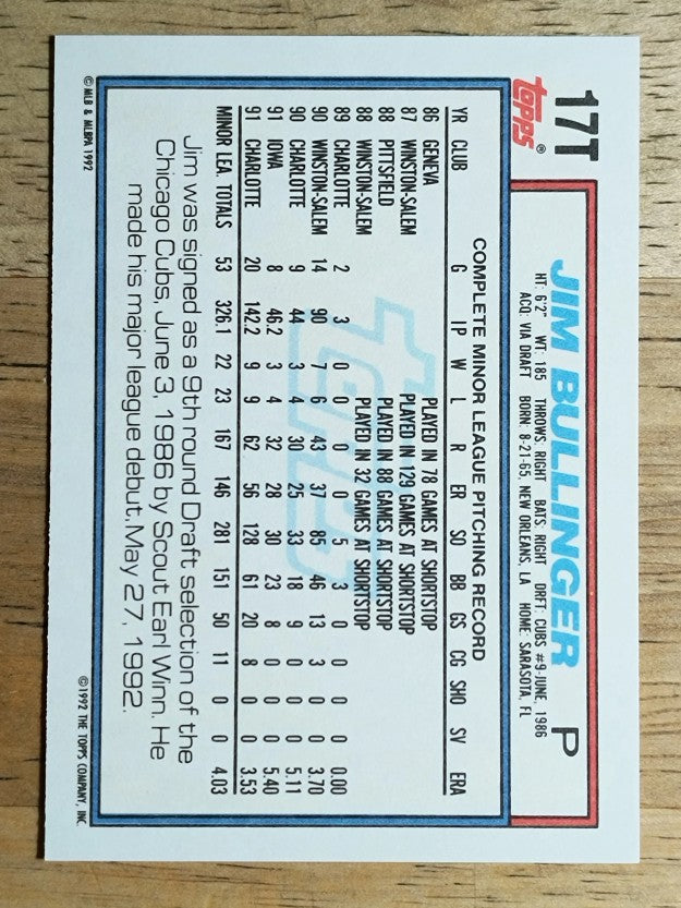 1992 Topps Traded #17T Jim Bullinger