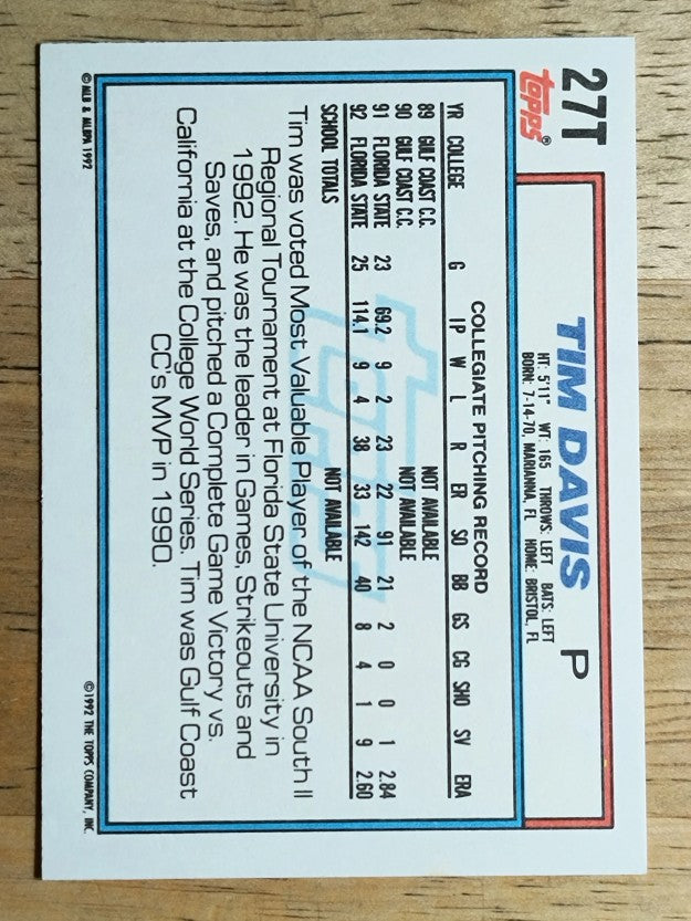 1992 Topps Traded #27T Tim Davis USA RC
