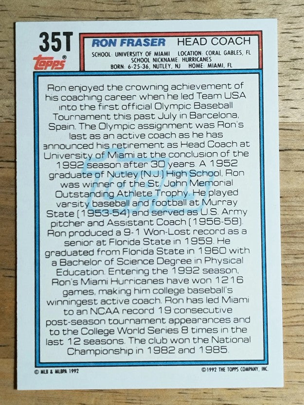 1992 Topps Traded #35T Ron Fraser USA CO RC