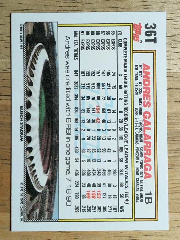 1992 Topps Traded #36T Andres Galarraga
