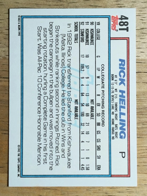1992 Topps Traded #48T Rick Helling USA