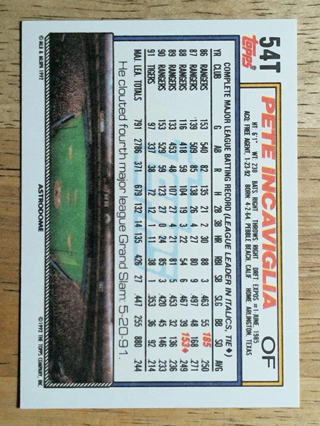 1992 Topps Traded #54T Pete Incaviglia