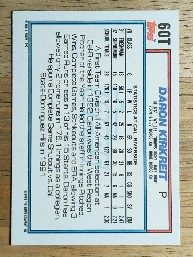 1992 Topps Traded #60T Daron Kirkreit USA RC