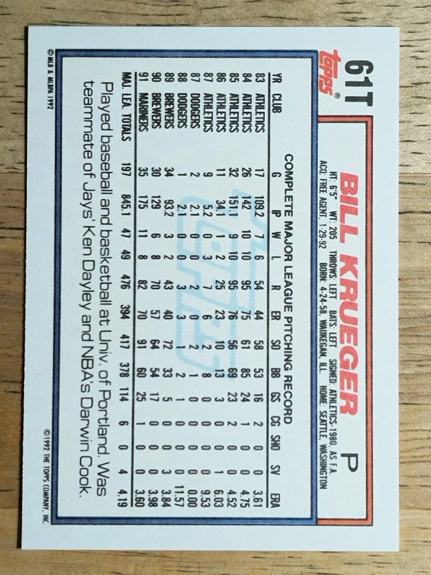 1992 Topps Traded #61T Bill Krueger