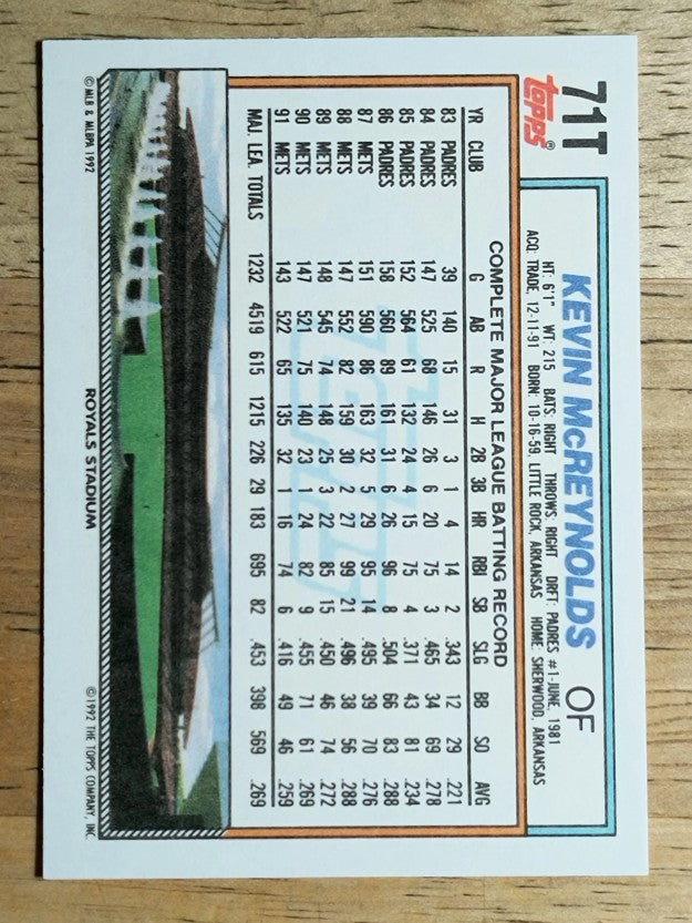1992 Topps Traded #71T Kevin McReynolds