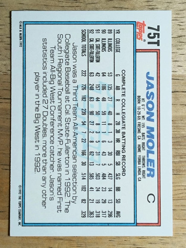 1992 Topps Traded #75T Jason Moler USA RC