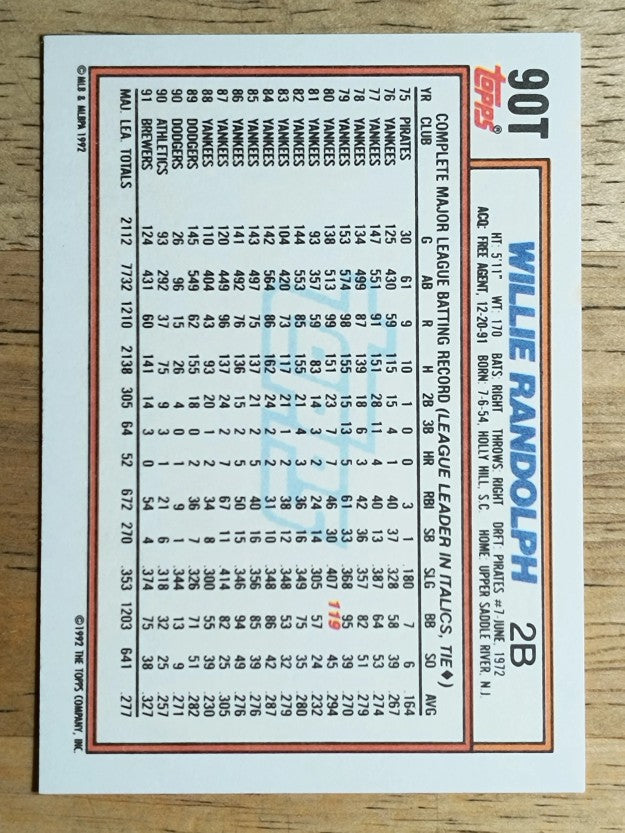 1992 Topps Traded #90T Willie Randolph