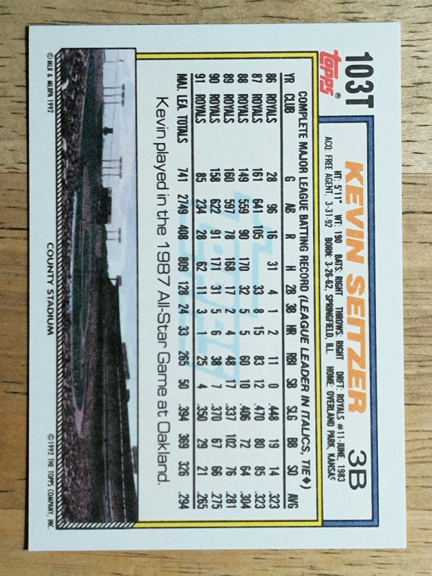 1992 Topps Traded #103T Kevin Seitzer