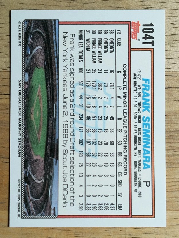 1992 Topps Traded #104T Frank Seminara RC