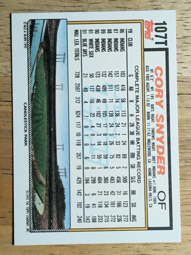 1992 Topps Traded #107T Cory Snyder