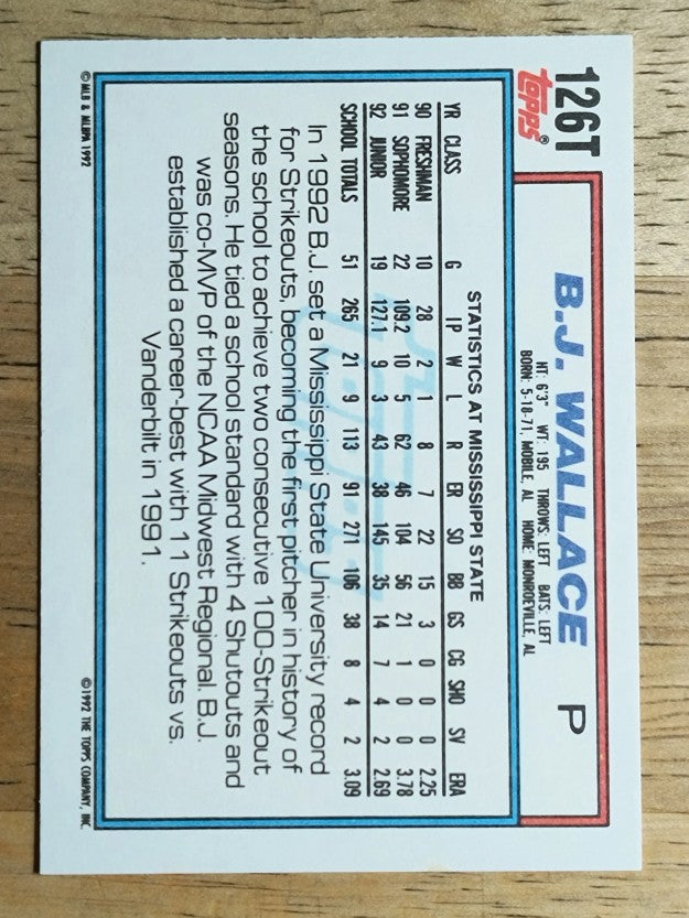 1992 Topps Traded #126T B.J.Wallace USA RC