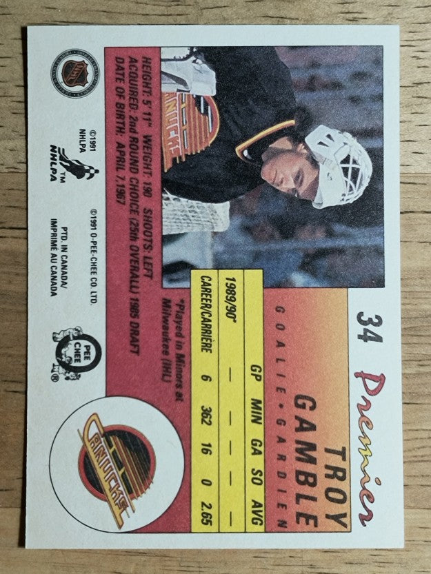 1990-91 OPC Premier #34 Troy Gamble RC
