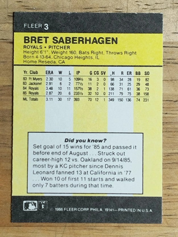 1986 Fleer Mini #3 Bret Saberhagen