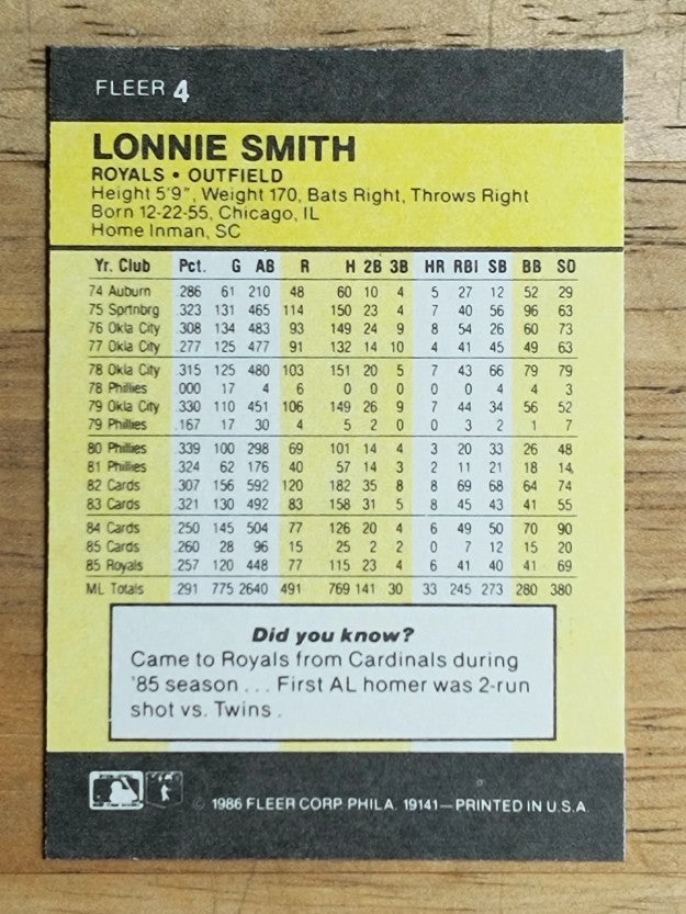 1986 Fleer Mini #4 Lonnie Smith