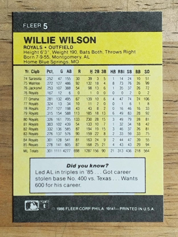1986 Fleer Mini #5 Willie Wilson