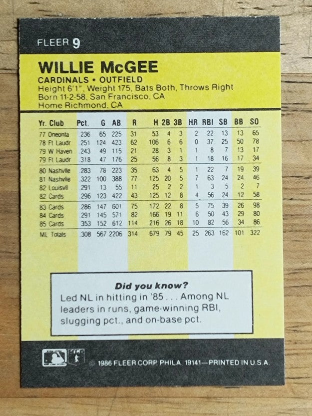 1986 Fleer Mini #9 Willie McGee