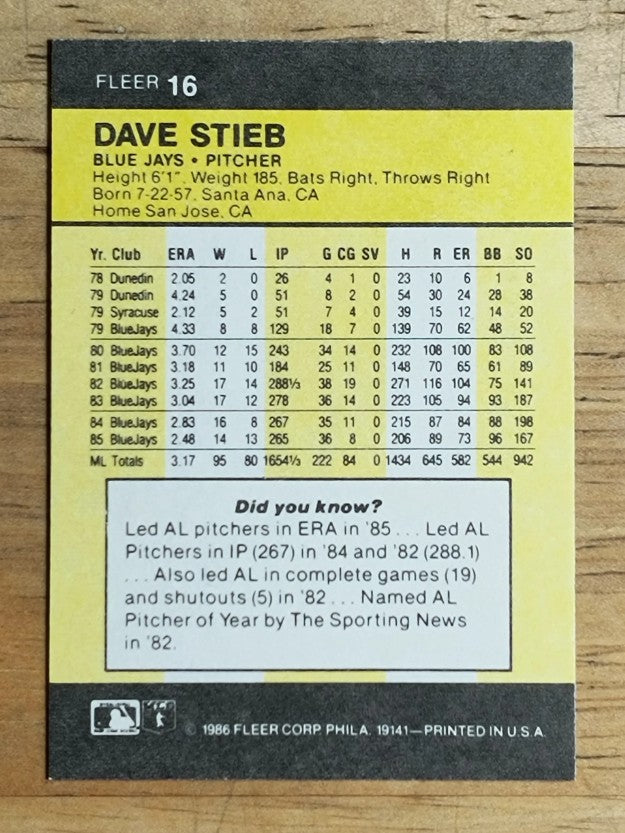 1986 Fleer Mini #16 Dave Stieb