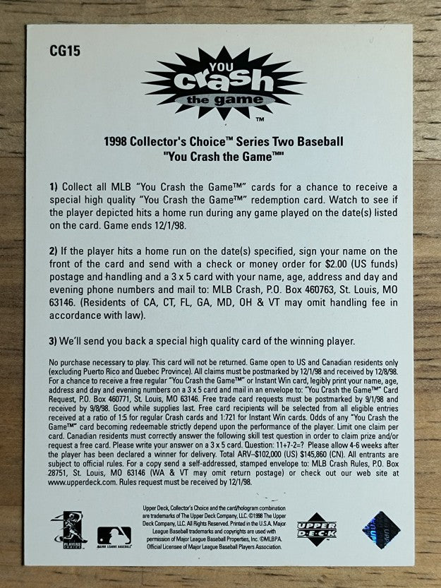 1998 Collector's Choice Crash the Game #CG15C Nomar Garciaparra Sept 24-27 W