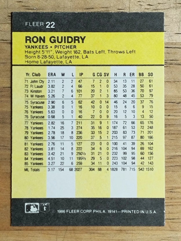 1986 Fleer Mini #22 Ron Guidry