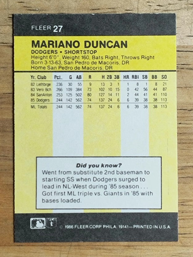 1986 Fleer Mini #27 Mariano Duncan