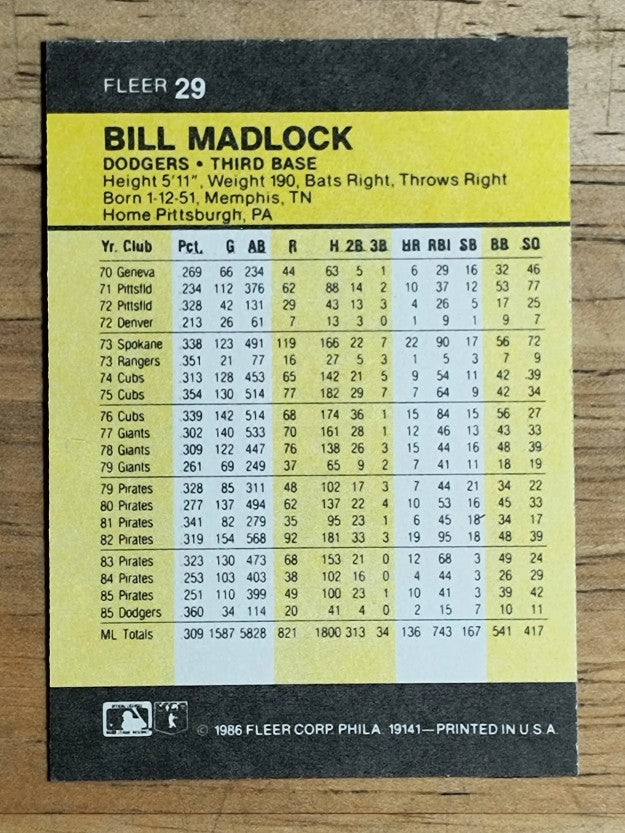 1986 Fleer Mini #29 Bill Madlock