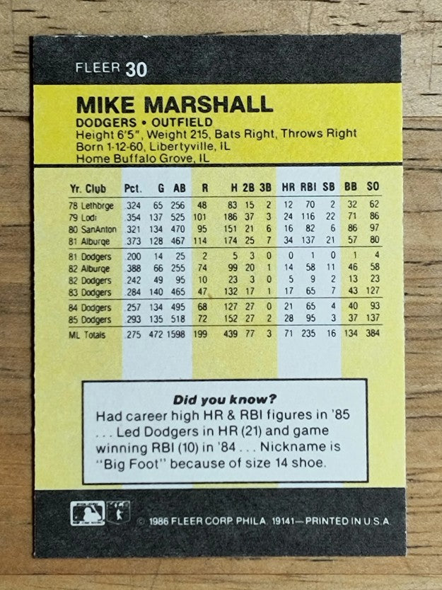 1986 Fleer Mini #30 Mike Marshall