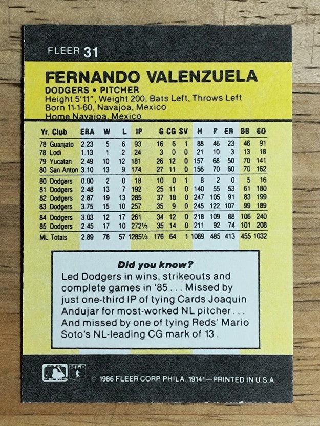 1986 Fleer Mini #31 Fernando Valenzuela