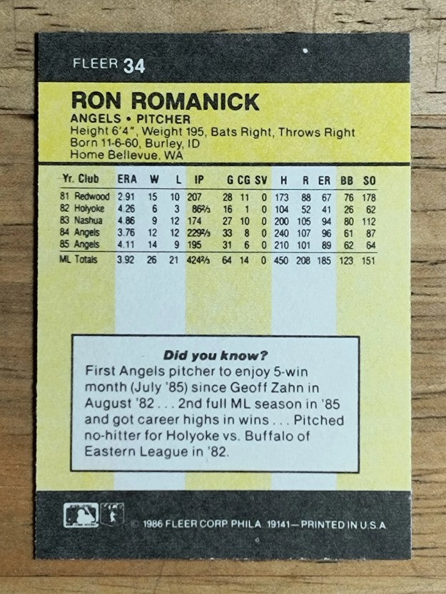 1986 Fleer Mini #34 Ron Romanick