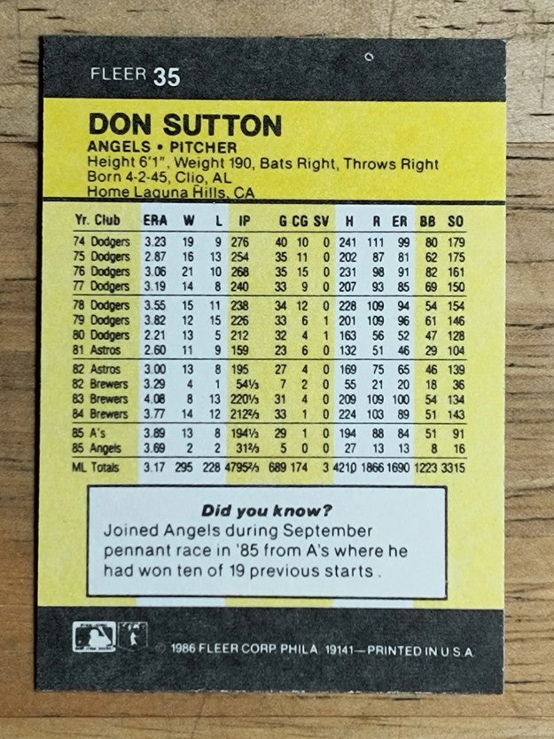 1986 Fleer Mini #35 Don Sutton
