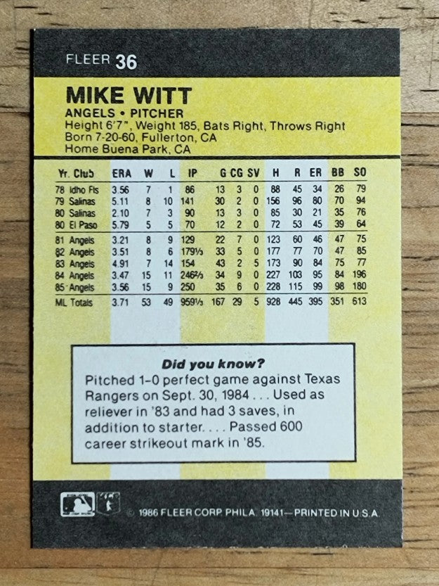 1986 Fleer Mini #36 Mike Witt